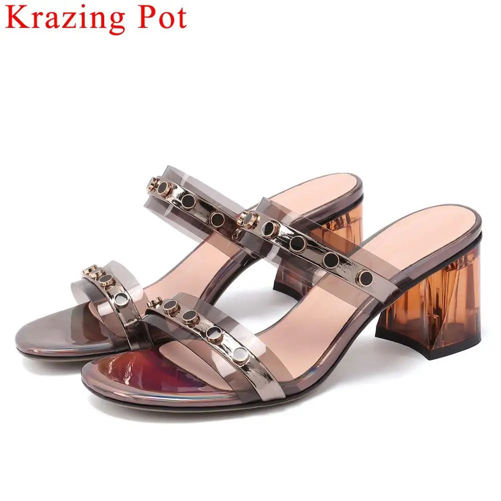Krazing Pot sheep leather transparent pvc patchwork women sandals slip on mules crystal office lady plus size summer shoes L8f2
Krazing Pot sheep leather transparent pvc patchwork women sandals slip on mules crystal office lady plus size summer shoes L8f2
