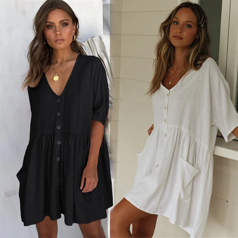 Swimwear Cover Up Women Beachwear Bikini Kaftan Ladies Summer White Black Beach Dress with Button Pocket Robe de Plage
Swimwear Cover Up Women Beachwear Bikini Kaftan Ladies Summer White Black Beach Dress with Button Pocket Robe de Plage