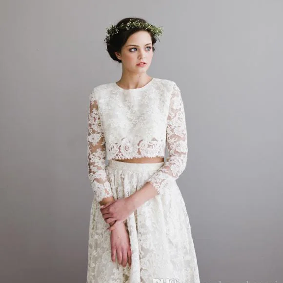 A-line-Casamento-2016-O-Neck-Long-Sleeve-White-Appliqued-Lace-Wedding-Dresses-Two-Pieces-Bridal (2)