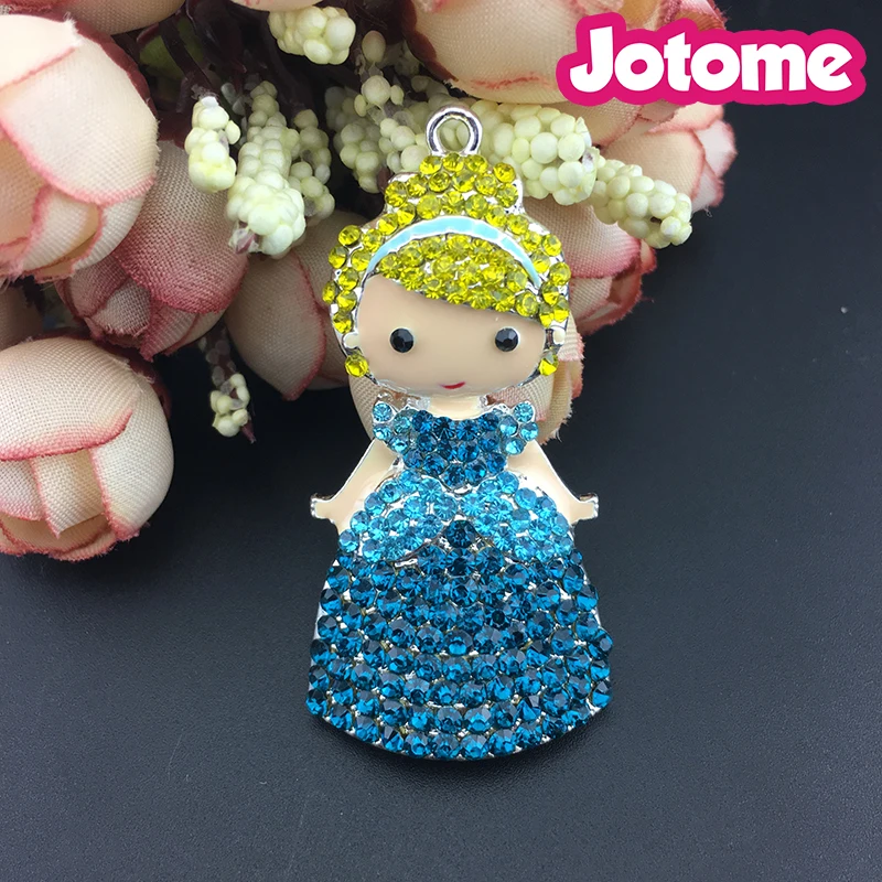 

100pcs/lot 50mm Cute blue dress girl Cinderella Princess Rhinestone Pendant Charm for gift/party