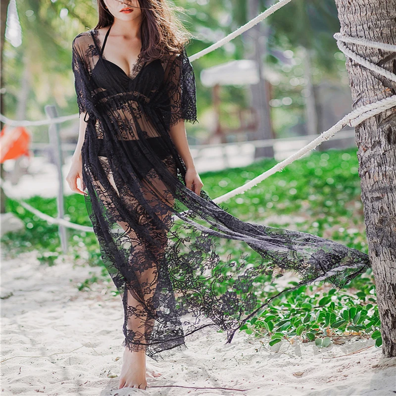 Summer Sexy Hollow Out Black Bikini Cover Up Women Lace Floral Long Maxi Beach Dress High Waist Bathing Suits Cover Up Tops3