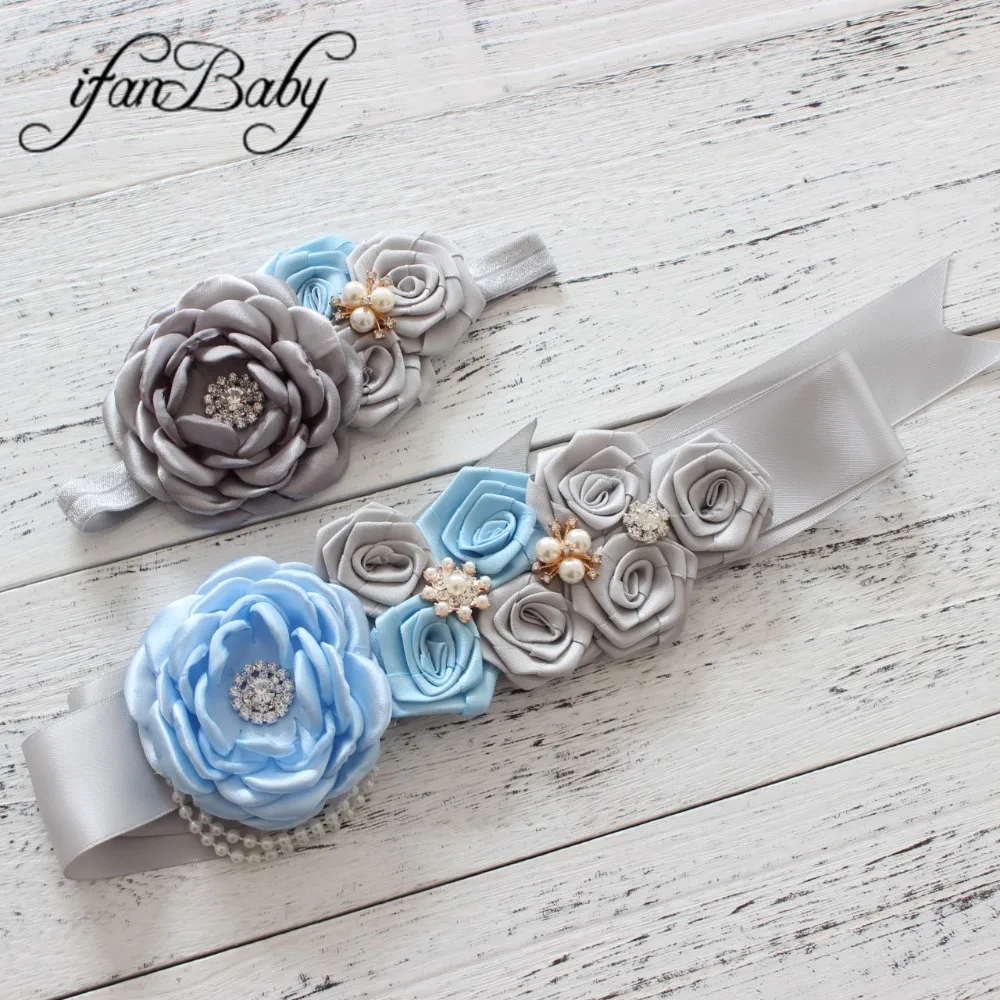 Grey/Blue women belt ,girl flower sash belt,wedding sash ,Sash belt matching Rose burn fabric flower headband 1 SET 
Grey/Blue women belt ,girl flower sash belt,wedding sash ,Sash belt matching Rose burn fabric flower headband 1 SET