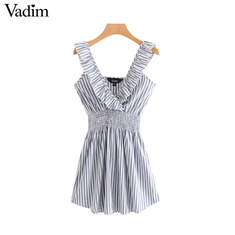 Vadim women elegant striped mini dress V neck ruffles sleeveless backless elastic waist female dresses vestido QB458
Vadim women elegant striped mini dress V neck ruffles sleeveless backless elastic waist female dresses vestido QB458