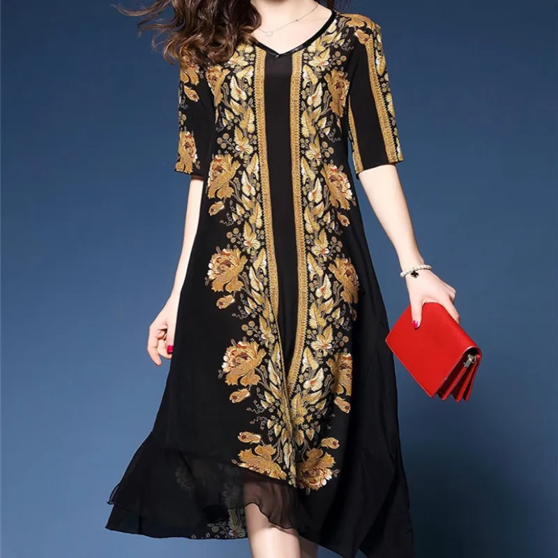 2017 Spring And Summer Medium Long Imitated Heavy Silk Dress Loose V-Neck Half Sleeve Printing Dress
2017 Spring And Summer Medium Long Imitated Heavy Silk Dress Loose V-Neck Half Sleeve Printing Dress