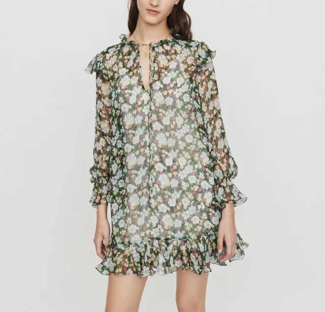 2019 summer new V collar long sleeve small flower printed ruffled lace two-piece loose dress
2019 summer new V collar long sleeve small flower printed ruffled lace two-piece loose dress
