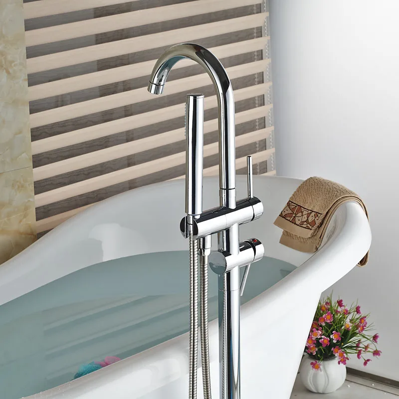 quyanre bathtub faucet chrome floor stand faucet single handle mixer tap abs handshower bathroom faucet4