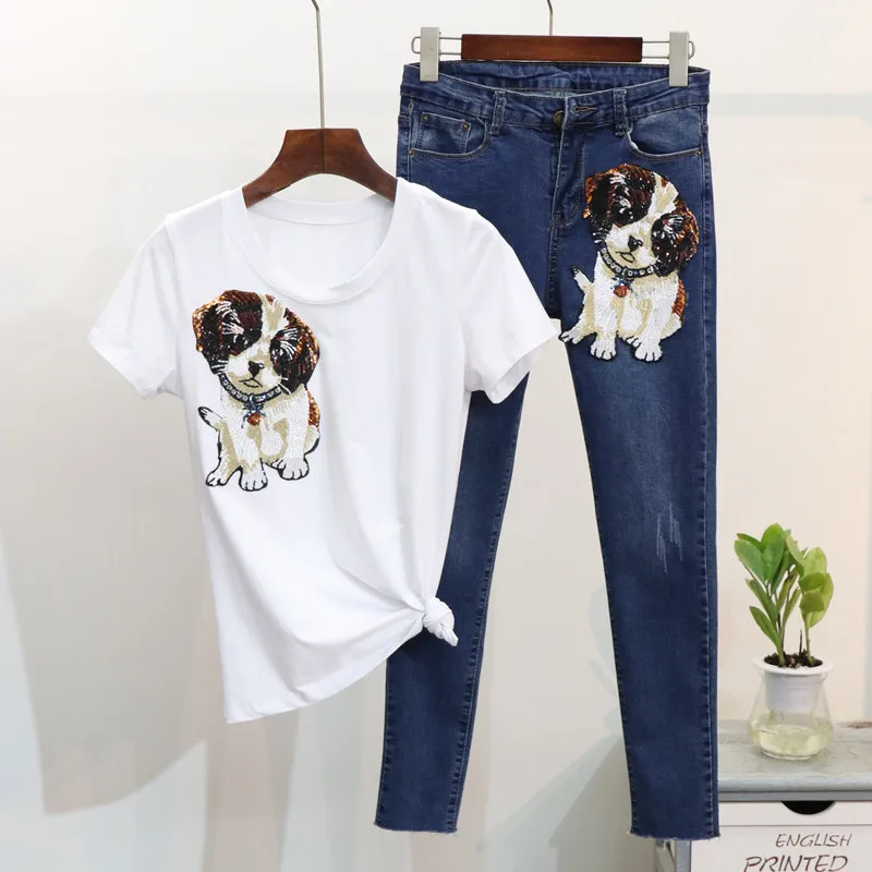 Amolapha Women Sequins Cartoon Dog T-shirts Pencil Denim Pants Sets Casual Loose Tshirt Tops+Trousers Suits for Ladies Woman
Amolapha Women Sequins Cartoon Dog T-shirts Pencil Denim Pants Sets Casual Loose Tshirt Tops+Trousers Suits for Ladies Woman