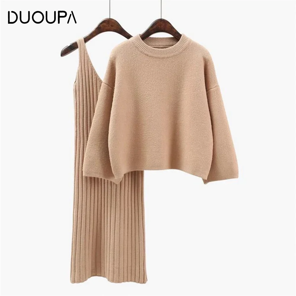 DUOUPA 2019 Spring Womans Sweater + Straped Dress Sets Solid Color Female Casual Two-Pieces Suits Loose Sweater Knit Mini Dress 
DUOUPA 2019 Spring Womans Sweater + Straped Dress Sets Solid Color Female Casual Two-Pieces Suits Loose Sweater Knit Mini Dress