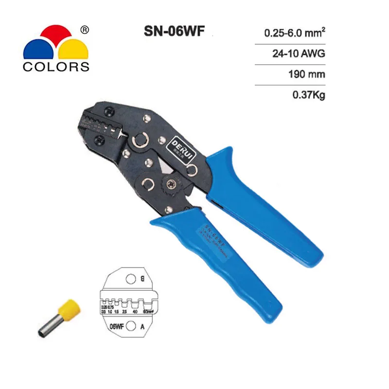 COLORS/DERUI SN-06WF Mini European Straight terminal cable lug Crimping plier tool 0.25-6.0mm2 hand tools Crimper pliers
COLORS/DERUI SN-06WF Mini European Straight terminal cable lug Crimping plier tool 0.25-6.0mm2 hand tools Crimper pliers