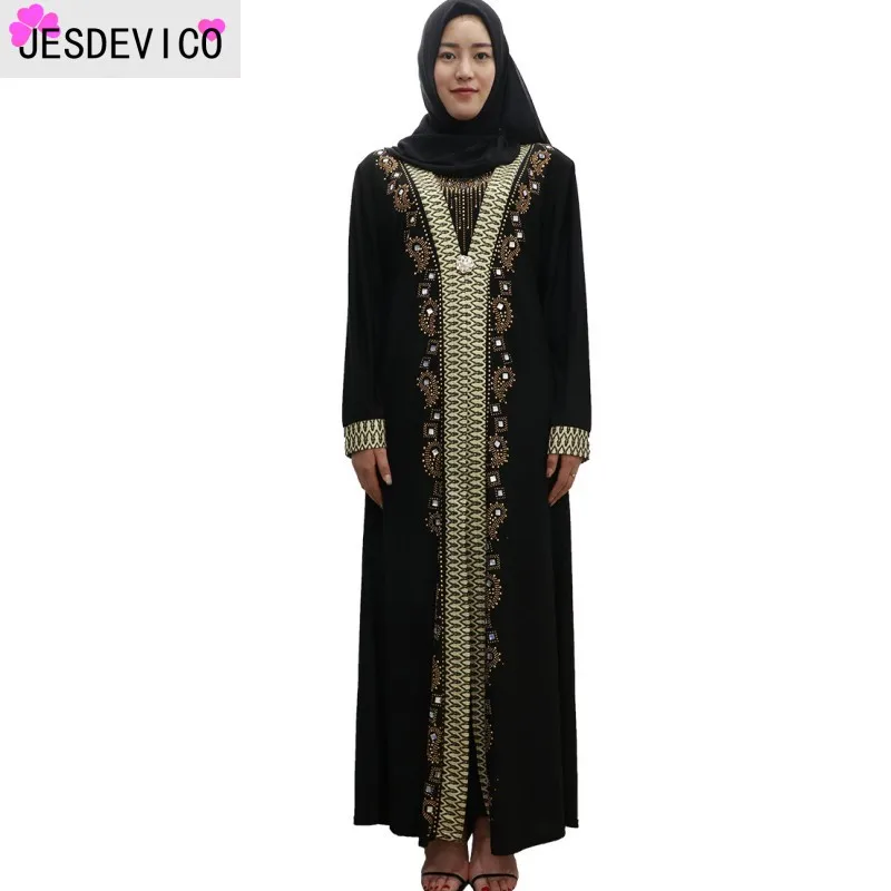 Фото Черное Золотое мусульманское платье для женщин с длинным рукавом Дубай абайя