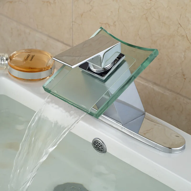 2016 Promotion Product Glass Spout Chrome Finish Deck Mount Waterfall Basin Sink Faucet
