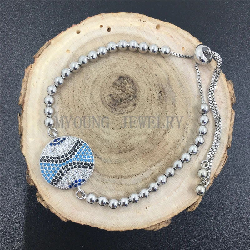 

MY0741 Micro Pave Zirconia and Turquoises Pendant With Metal Round Beads Adjustable Bracelet pulseira feminina