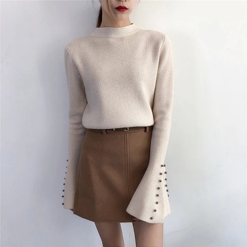 Beading Sweater Women 2018 Autumn Winter Pullover Warm Soft Sweater O Neck Solid Color Flare Rivet Sleeves Knitted Sweater
Beading Sweater Women 2018 Autumn Winter Pullover Warm Soft Sweater O Neck Solid Color Flare Rivet Sleeves Knitted Sweater