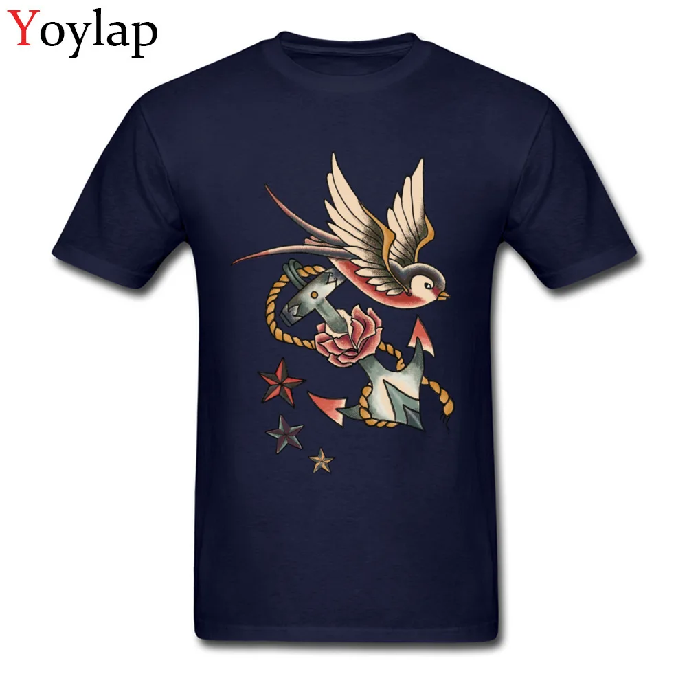 2017 New Fashion Printed On T-Shirt Round Collar All Cotton Retro Tattoo Male Tops Shirt Short Sleeve Fall Printed On Tee Shirt navy
