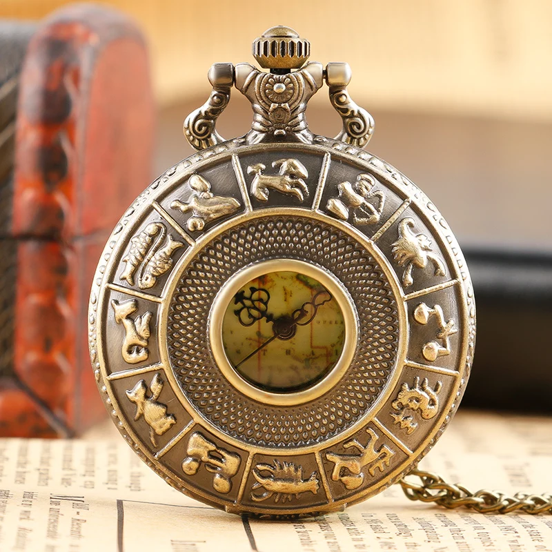 

Vintage Retro Pocket Watch Bronze Man Half Hunter Fashion Constellations Quartz Retro Copper Casual Map Necklace Chain Gifts