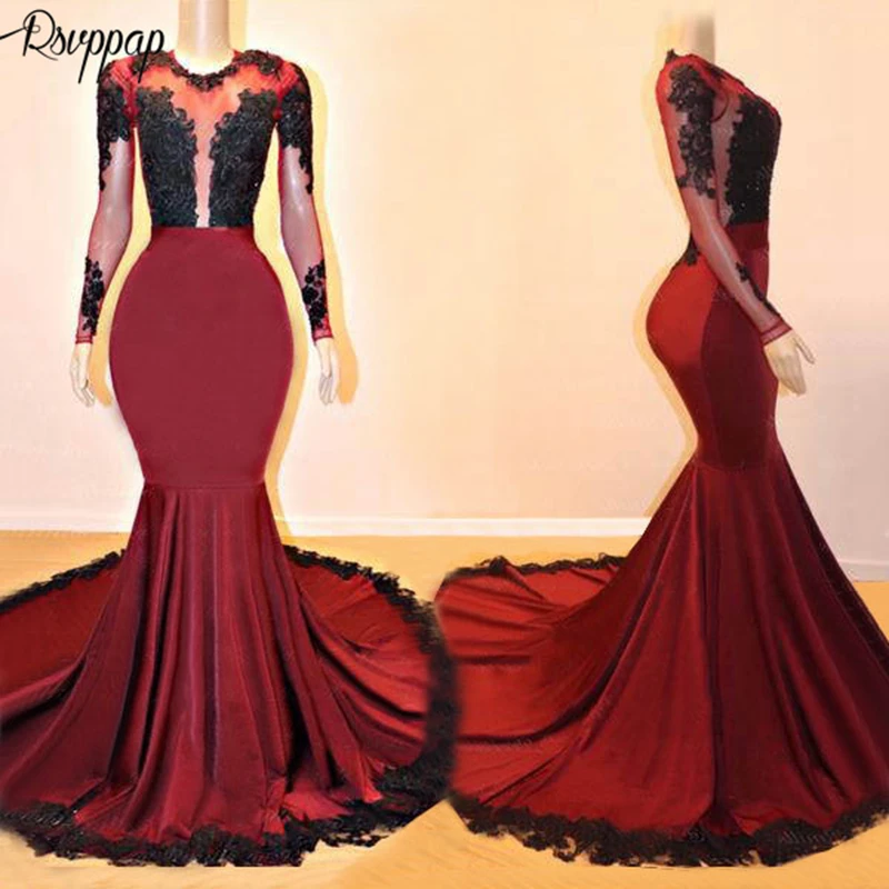 Long Elegant Burgundy Prom Dresses 2019 Sheer Long Sleeve Black Lace Top Mermaid African Women Prom Formal Dress
Long Elegant Burgundy Prom Dresses 2019 Sheer Long Sleeve Black Lace Top Mermaid African Women Prom Formal Dress