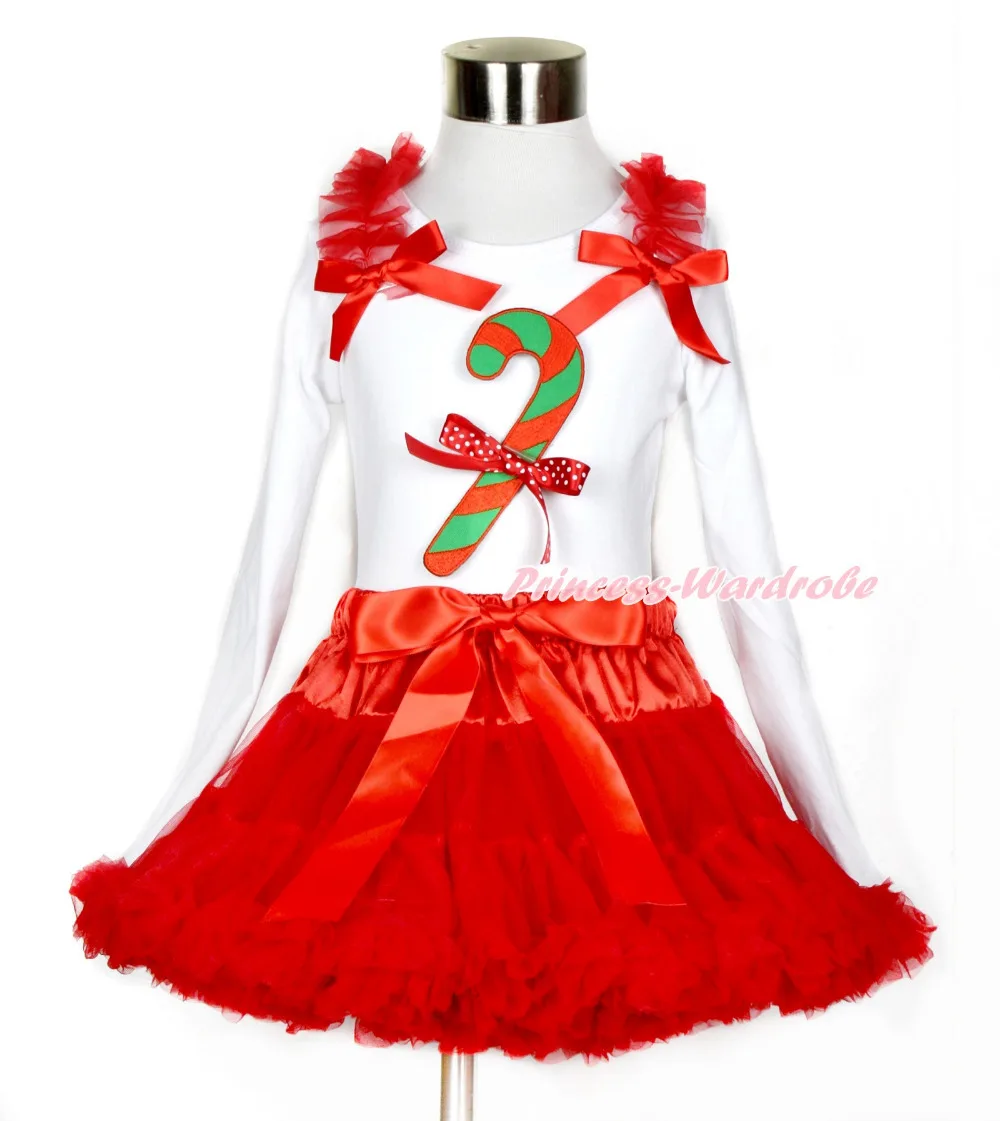 

Xmas Red Pettiskirt with Christmas Stick Print & Minnie Dots Bow White Long Sleeve Top with Red Ruffles & Red Bow MAMW397