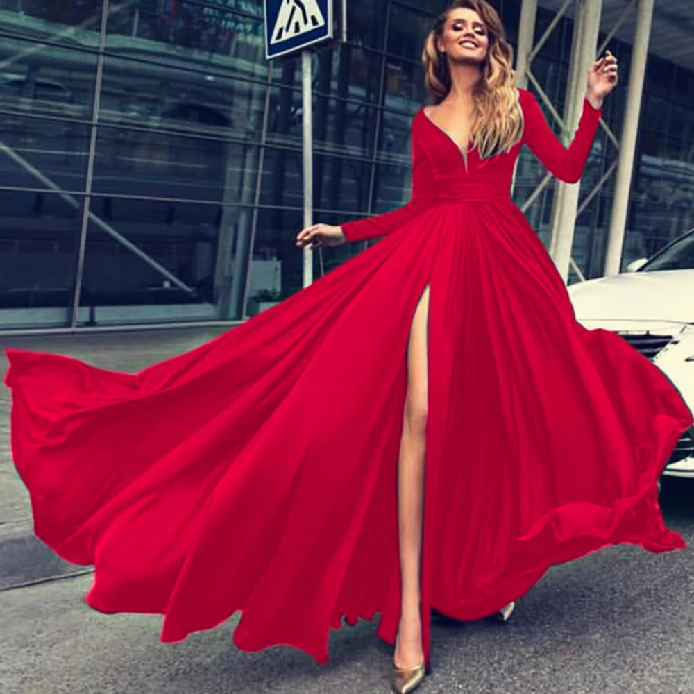 Dower Me Elegant Evening Party Dress Deep V Neck Long Sleeve Split Red Vestidos Autumn Sexy A-line Black Ruched Maxi Dresses 
Dower Me Elegant Evening Party Dress Deep V Neck Long Sleeve Split Red Vestidos Autumn Sexy A-line Black Ruched Maxi Dresses