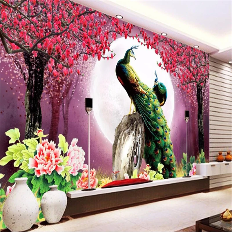 

custom 3D wallpaper living room Modern Peacock Moon Flowers Restaurant Hotel Arts Study mural murals-3d wall papers home decor