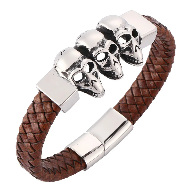 New Punk Men Jewelry Brown Braided Leather Party Bracelet Skull Stainless Steel Magnetic Clasp Skeleton Bracelets Bangles SP0166
New Punk Men Jewelry Brown Braided Leather Party Bracelet Skull Stainless Steel Magnetic Clasp Skeleton Bracelets Bangles SP0166