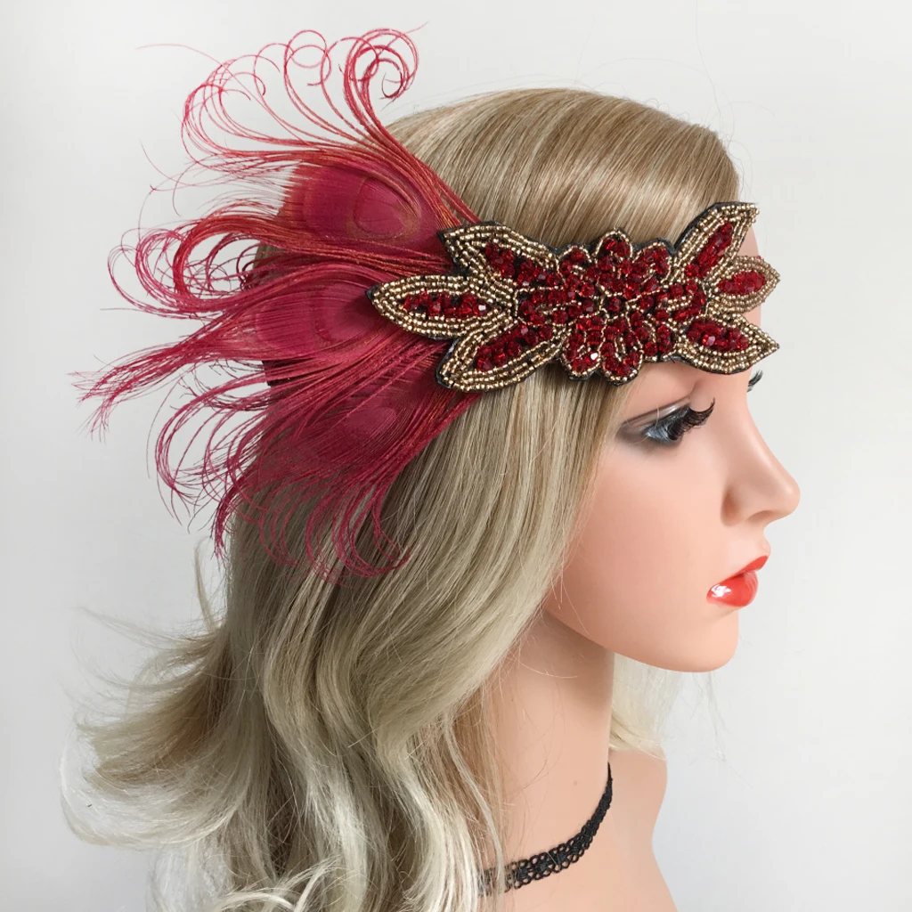 Ladies Women Retro Wine Red Feather Flapper Headband Roaring 20s Headpiece 1920s Cosplay Costume Hairband