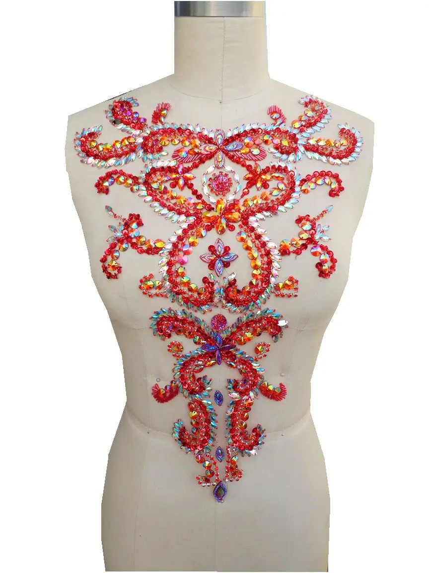 

A301-4 hand made red/clear AB colour sew on Rhinestones applique crystal patches trim 46*30cm for dress accessory