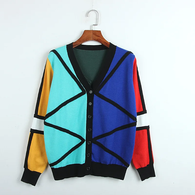 Designer Runway Women Cardigans 2019 Autumn Sweater Geometric Loose Cardigan Knitted Patchwork V-neck Casual Coat Mujer Outwear
Designer Runway Women Cardigans 2019 Autumn Sweater Geometric Loose Cardigan Knitted Patchwork V-neck Casual Coat Mujer Outwear
