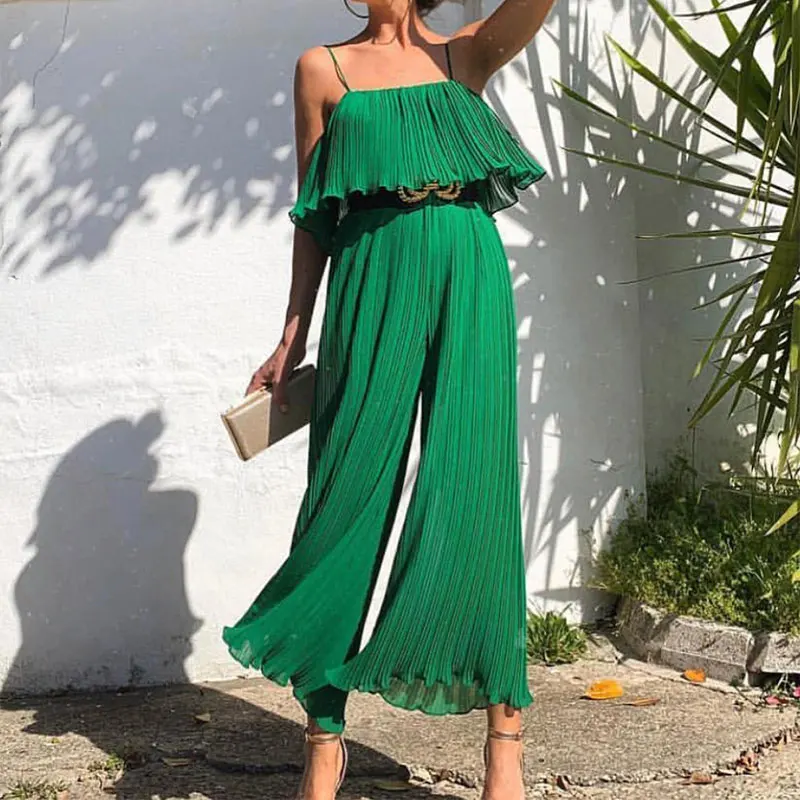 Chic Women Chiffon Green Pleated Jumpsuits Casual Elastic Waist Ruffles Sleeveless Backless Rompers Summer Solid Female Overalls
Chic Women Chiffon Green Pleated Jumpsuits Casual Elastic Waist Ruffles Sleeveless Backless Rompers Summer Solid Female Overalls
