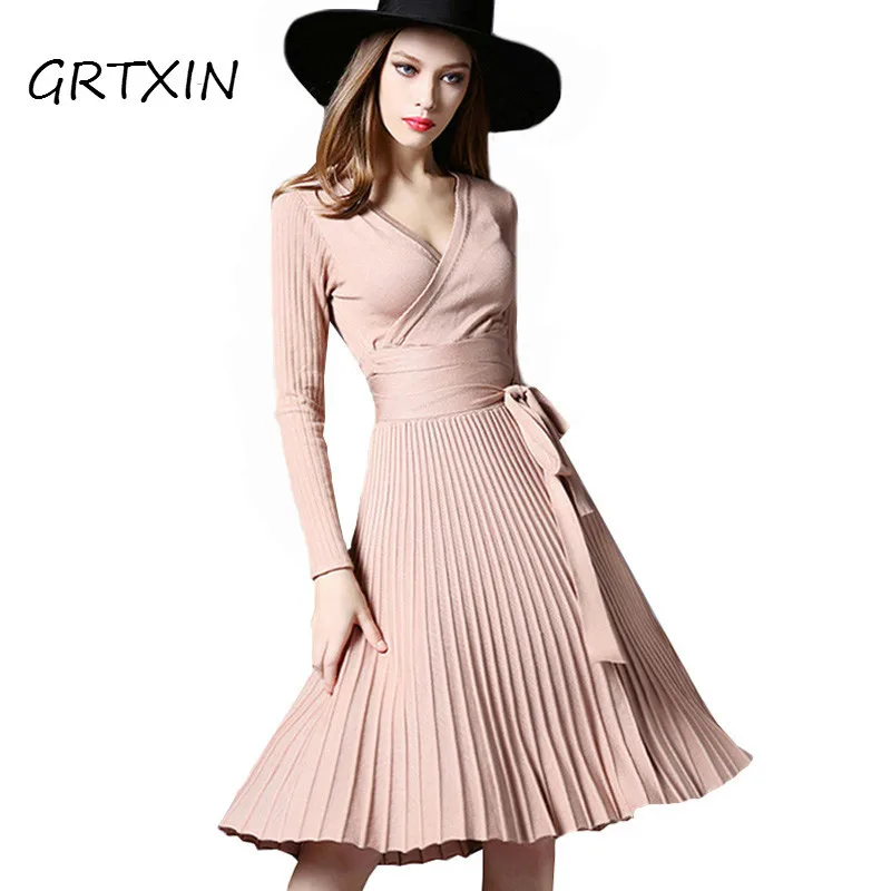 GRTXIN High Quality Elegant Winter Dress 2018 Office Dresses For Women Decorative Sashes V-Neck Solid Plus Size Vintage
GRTXIN High Quality Elegant Winter Dress 2018 Office Dresses For Women Decorative Sashes V-Neck Solid Plus Size Vintage