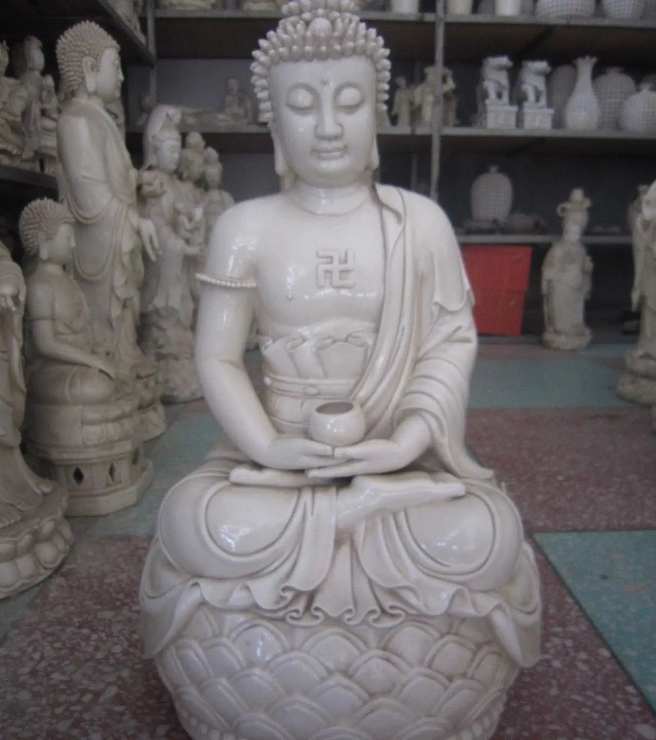 26" Signed Chinese Huge DeHua White Porcelain Shakyamuni Buddha Bowl Statue 
26" Signed Chinese Huge DeHua White Porcelain Shakyamuni Buddha Bowl Statue