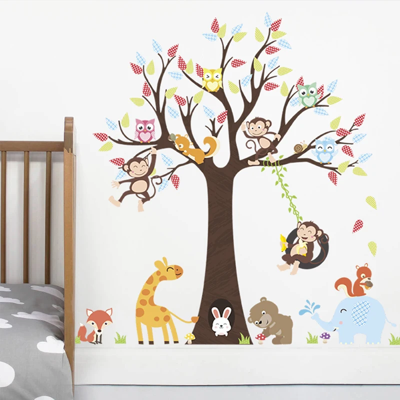 Фото % Милые животные дерево наклейки на стену для детской комнаты детского сада