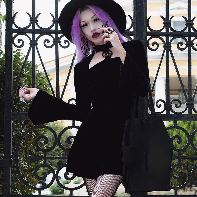 Gothic women dress hollow out pentagram flare sleeve harajuku velvet mini dress girl cool black dress streetwear punk rock dress
Gothic women dress hollow out pentagram flare sleeve harajuku velvet mini dress girl cool black dress streetwear punk rock dress