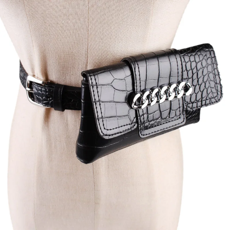 

black Women Waist Bag Chain Fashion Serpentine Alligator Detachable Belt Bum Bag Leather Ladies Fanny Pack Buckle Phone Pouch