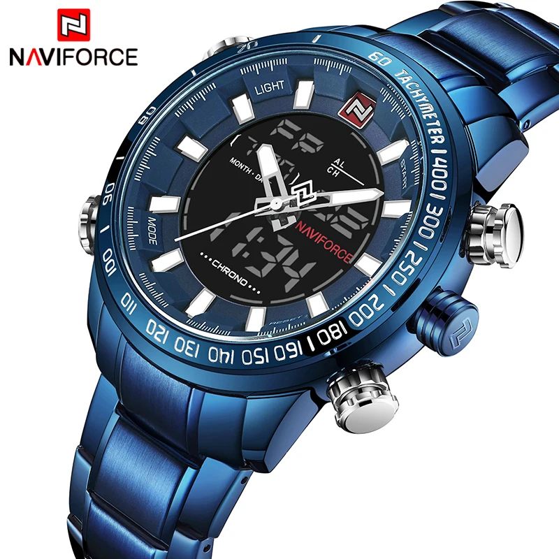 

NAVIFORCE Quartz Watches Men's Stainless Steel Band Sport Watch 30M Waterproof Analog LED Digital Dual Display Wristwatches 2019