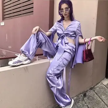 Hip-hop style purple satin fabric streamers large pockets pants women's tooling style casual loose wide-leg pants wq1858 factory
Hip-hop style purple satin fabric streamers large pockets pants women's tooling style casual loose wide-leg pants wq1858 factory