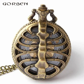 

Vintage Steampunk Nursing Skeleton Spine Ribs Hollow Quartz Pocket Watch For Women Men Necklace Chain Pendants Gifts