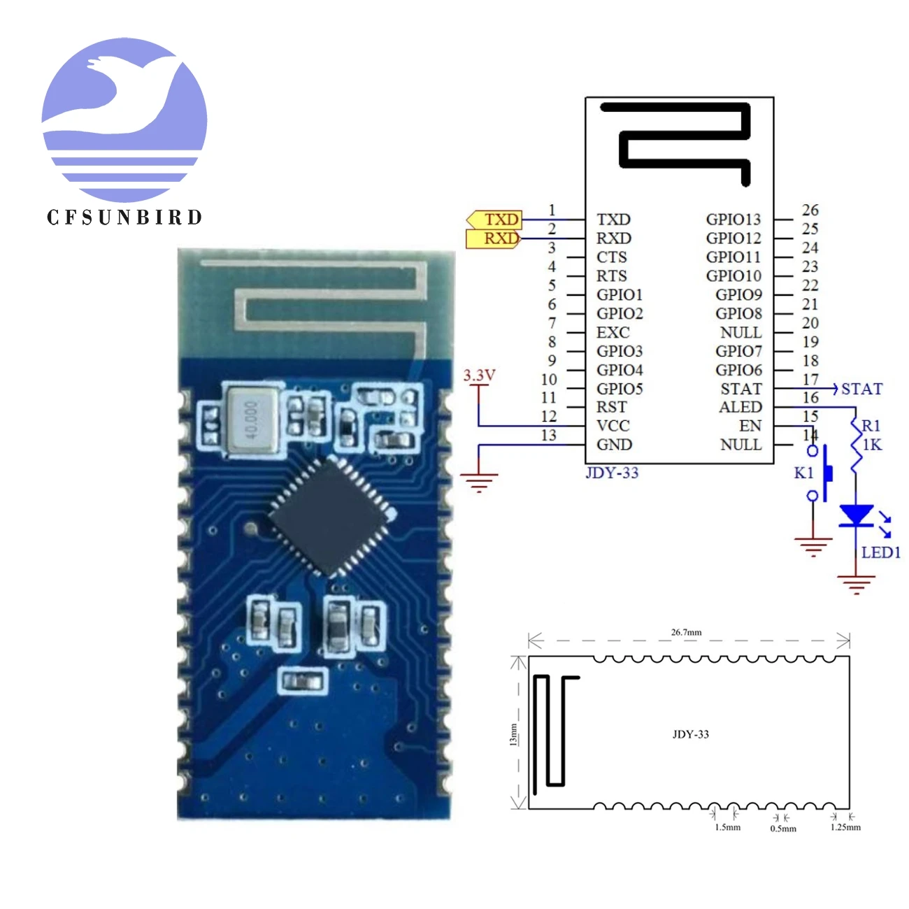 JDY-33 Dual mode Bluetooth serial Port SPP Bluetooth SPP-C compatible with HC-05/06 /JDY-31/30 slave Bluetooth 3.0
JDY-33 Dual mode Bluetooth serial Port SPP Bluetooth SPP-C compatible with HC-05/06 /JDY-31/30 slave Bluetooth 3.0