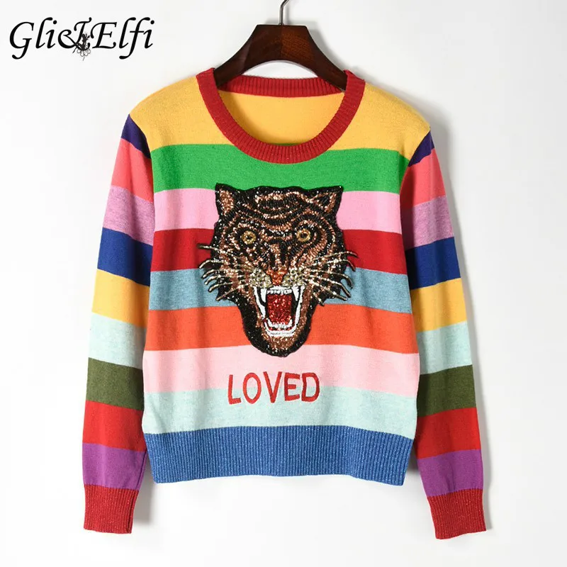 Sweater Women 2018 Autumn Winter Casual Femme Pullover Tops Sequined Tiger Rainbow Striped Knitted blusas Embroiderid Knitwear
Sweater Women 2018 Autumn Winter Casual Femme Pullover Tops Sequined Tiger Rainbow Striped Knitted blusas Embroiderid Knitwear