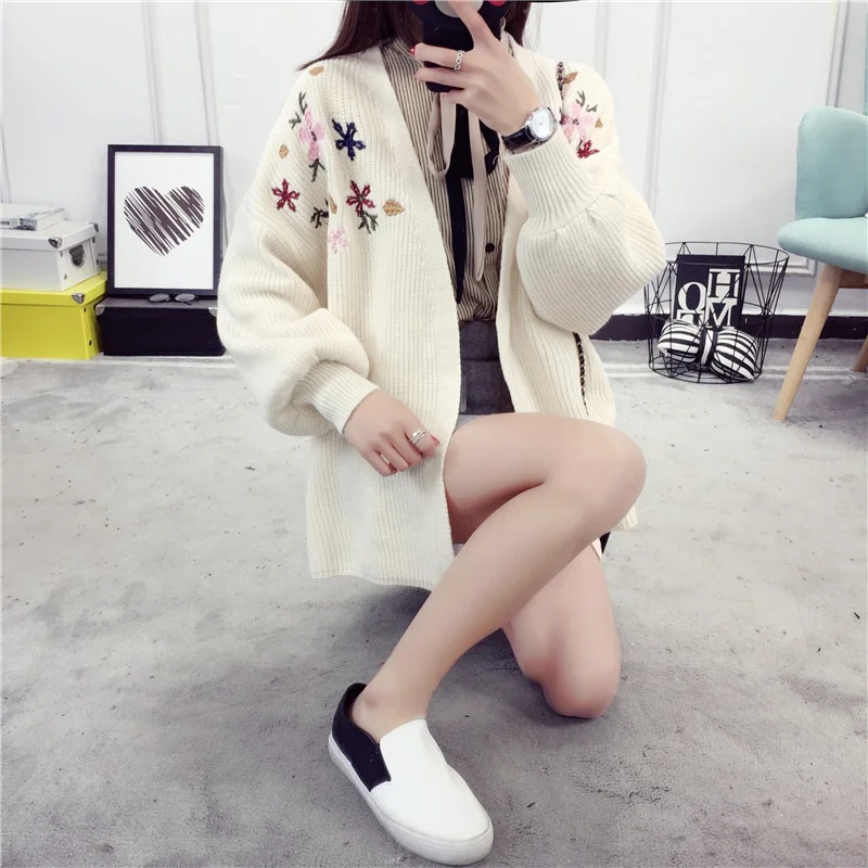 Sweet Flower Embroidered Knitted Long Lantern Sleeves Cardigan Sweater Autumn Winter Loose Tops Clothes Cardigan Female
Sweet Flower Embroidered Knitted Long Lantern Sleeves Cardigan Sweater Autumn Winter Loose Tops Clothes Cardigan Female