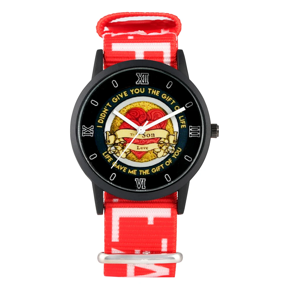 Children's Watch To My Son Logo Quartz Watch Red Heart Pattern Dial Watch Nylon Strap Wristwatch for Boys
Children's Watch To My Son Logo Quartz Watch Red Heart Pattern Dial Watch Nylon Strap Wristwatch for Boys