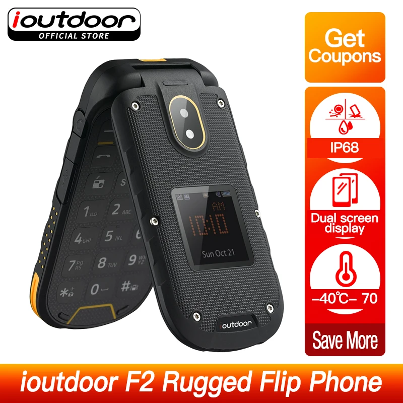 

ioutdoor F2 Rugged Flip Phone IP68 Waterproof Shockproof Phone 2.4 inch 32+64MB Bluetooth Dual SIM Back Camera FM Radio 1200mAh