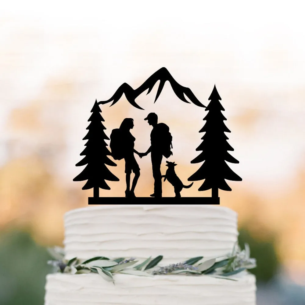 Hiking Couple wedding cake topper, Bride and Groom with dog and trees Backpacking outdoor wedding Mountain Wedding Cake Topper
Hiking Couple wedding cake topper, Bride and Groom with dog and trees Backpacking outdoor wedding Mountain Wedding Cake Topper