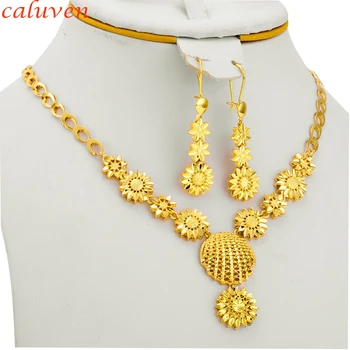 Gold Color Ethiopian Jewelry Sets Small Flowers Arab/African Jewelry Party Gifts Necklace/Earring for Women/Girls
