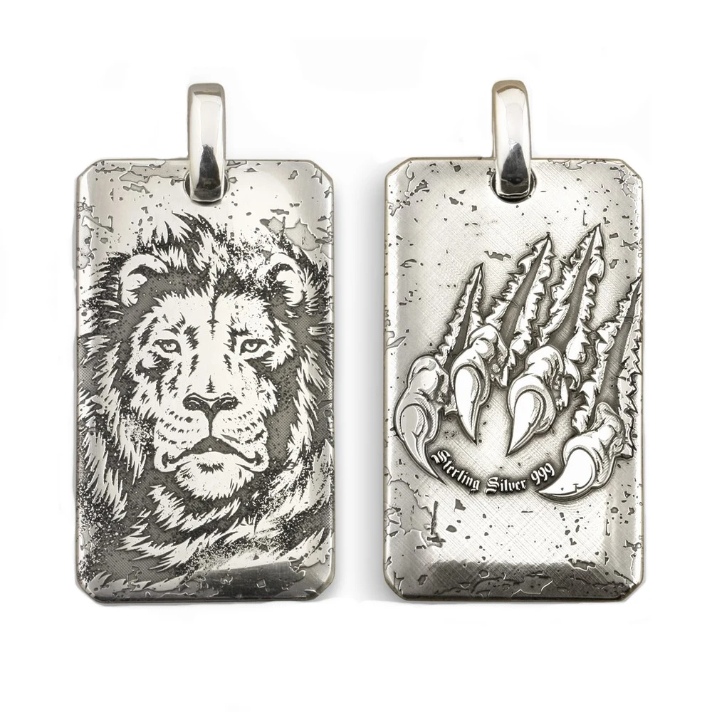 

USA Located High Details Deep Laser Engraved 999 Sterling Silver Tiger King Dogtag Sharp Claws Mens Biker Pendant 9X026S 4PX