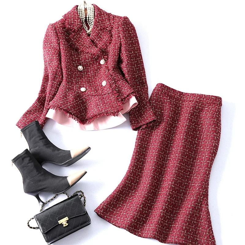 Top Quality Runway Suit Women 2019 Spring Designer Long Sleeve Tassel Plaid Tweed Woolen Jacket+Trumpet Skirt Set 2Piece Outfits
Top Quality Runway Suit Women 2019 Spring Designer Long Sleeve Tassel Plaid Tweed Woolen Jacket+Trumpet Skirt Set 2Piece Outfits