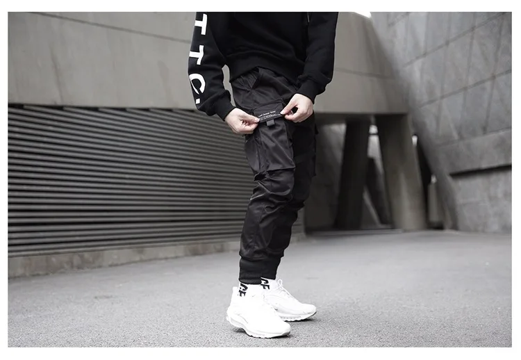 Waliicorners Men Multi-pocket Ribbon Loose Casual Cargo Pants Elastic waist Drawstring hip hop Harem Joggers Trousers Sweatpants 7 HTB17tBlXubviK0jSZFNq6yApXXa5