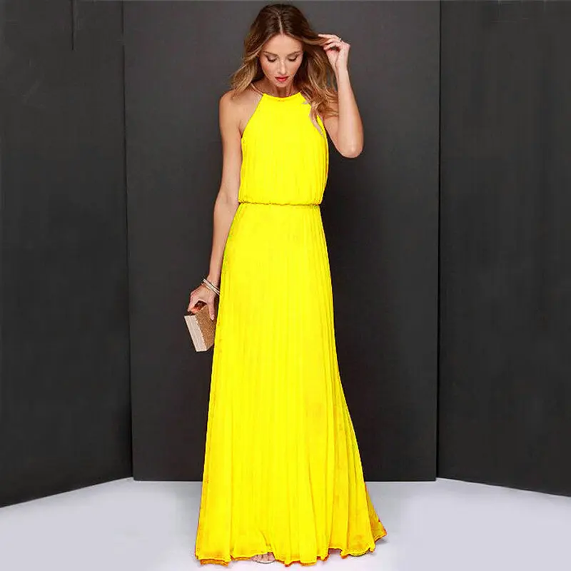 

2018 Summer Women Beach Dress Sexy Halter Sleeveless Long Bohemian Dress Chiffon Yellow Floor- Length Dress Female