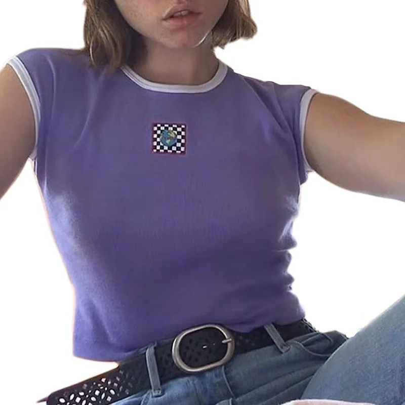 Women earth embroidery short sleeve block line purple crop top good stretch tshirt women ulzzang harajuku t shirts
Women earth embroidery short sleeve block line purple crop top good stretch tshirt women ulzzang harajuku t shirts
