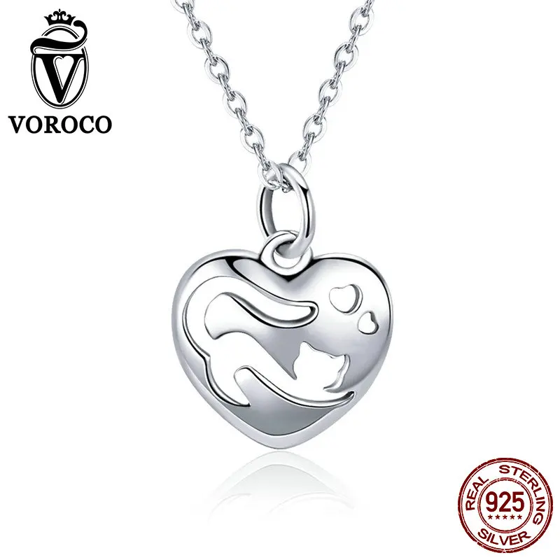 VOROCO 2018 Real 925 Sterling Silver Cute Pet Cat Heart Shape Pendant Chain Necklace For Women Choker Party Fine Jewelry BKN280