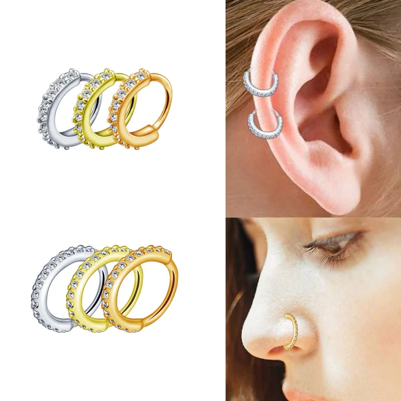 High Quality Nose Rings Septum Jewelry Cartilage Earrings Zircon Crystal Opening Hoop Silver Rose Gold 6mm 8mm Body Piercing New1